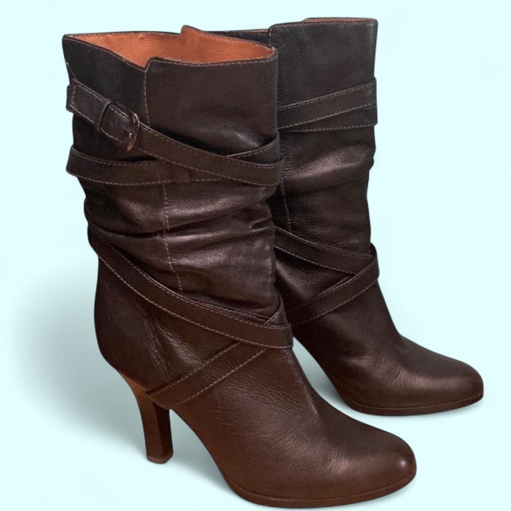 Like New Dark Chocolate Brown Strappy Leather Slouch Boots